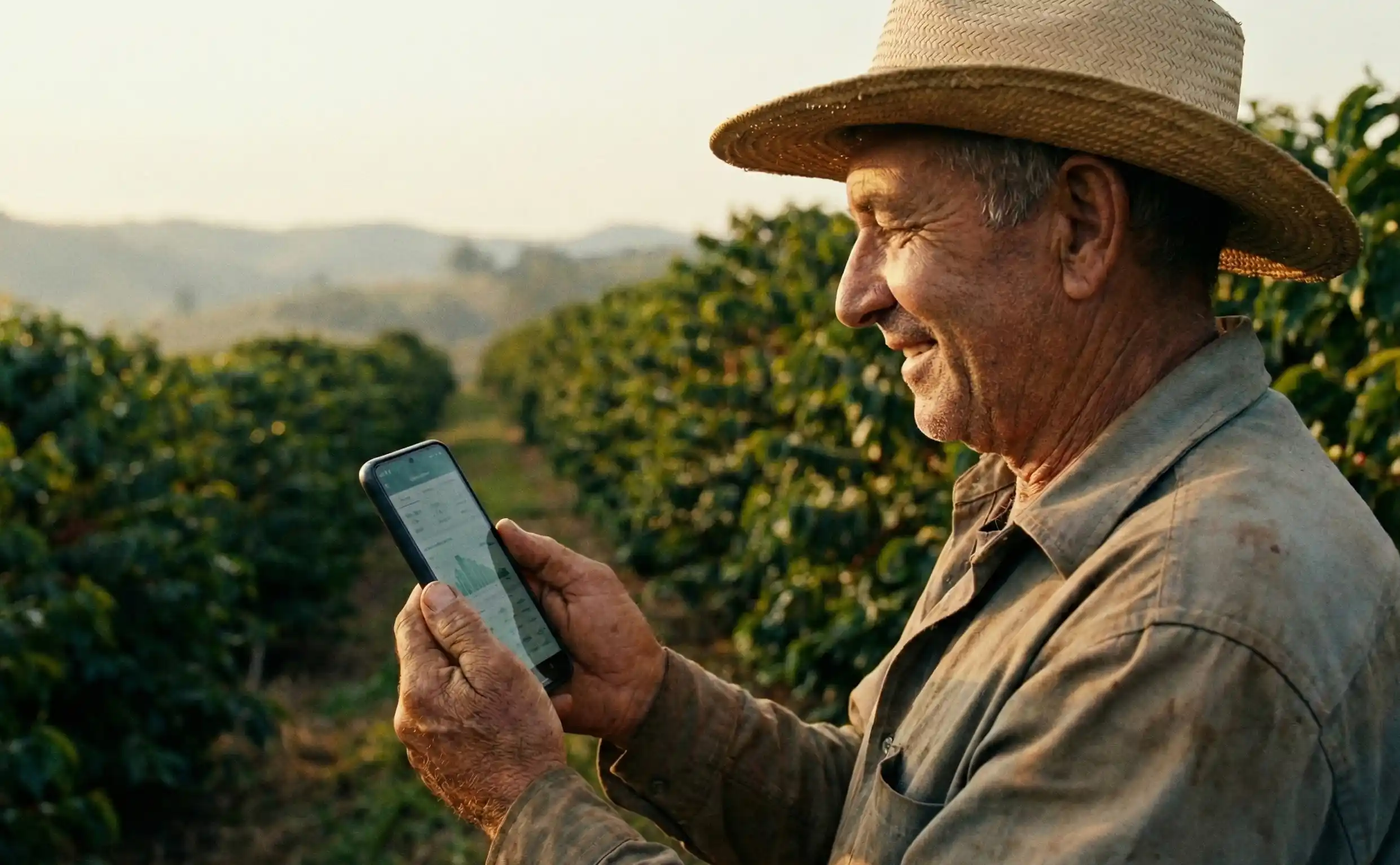 Agricultor analisando plantação